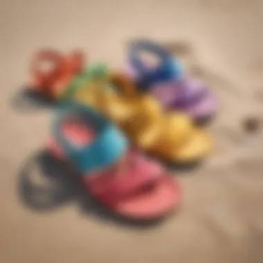 A selection of colorful sandals displayed on a sandy beach