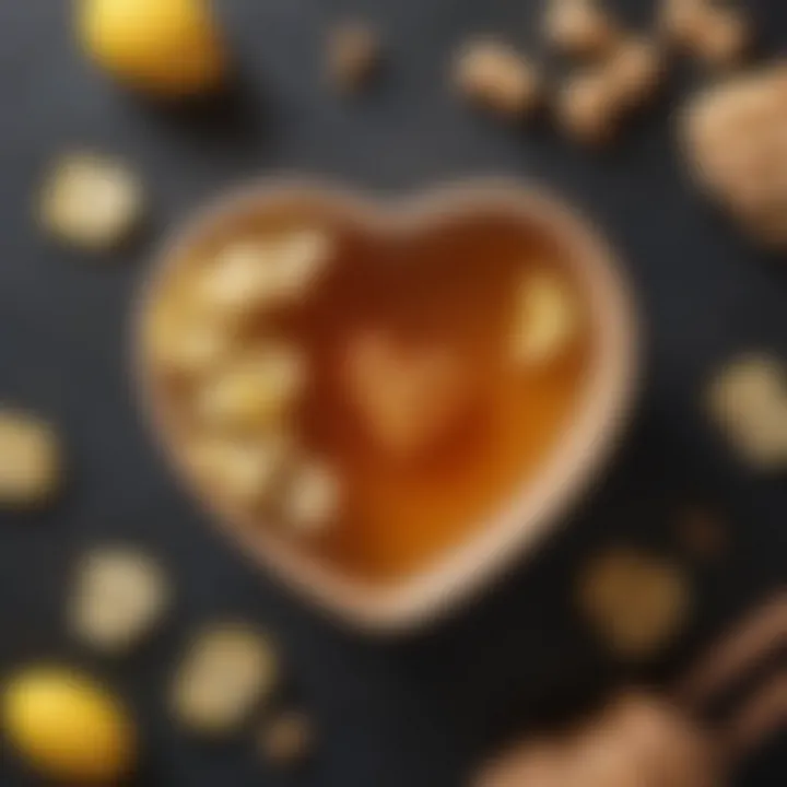 An arrangement of health benefits icons, such as a heart and a stomach, representing the wellness advantages of Soon Honey Ginger Instant Tea.