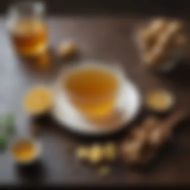 A minimalist kitchen setting with ingredients for Soon Honey Ginger Instant Tea artfully laid out, indicating preparation simplicity.