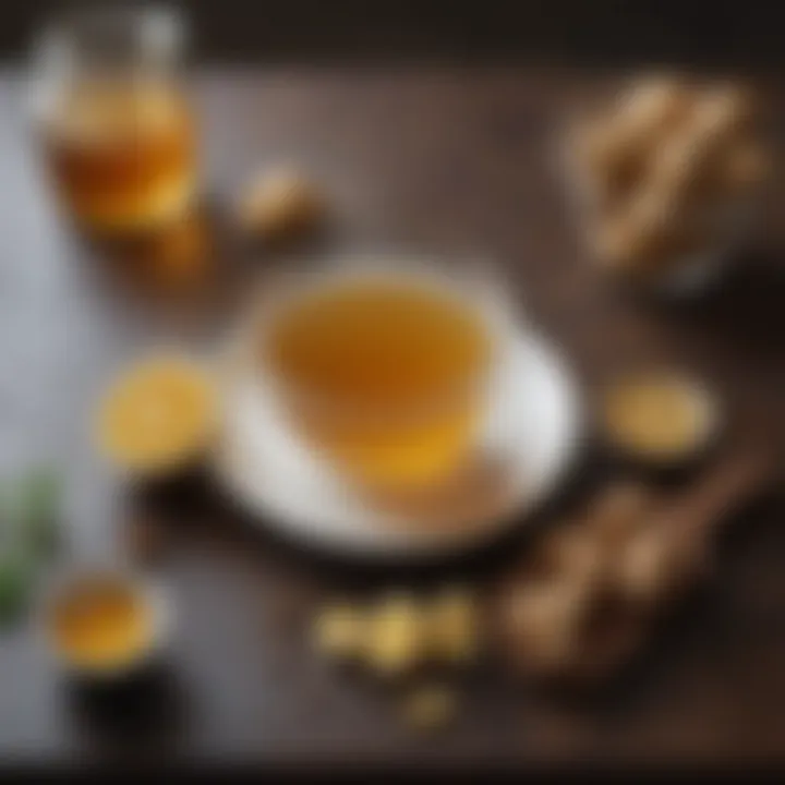 A minimalist kitchen setting with ingredients for Soon Honey Ginger Instant Tea artfully laid out, indicating preparation simplicity.