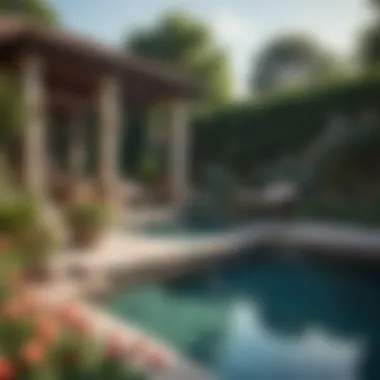 Charming Pool Area with Artistic Features A charming pool area integrated with vibrant flowers and artistic sculptures