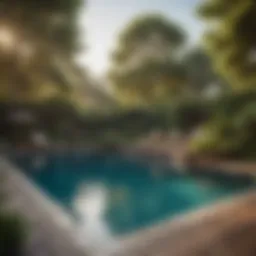 A luxurious in-ground pool surrounded by lush greenery and elegant deck furniture