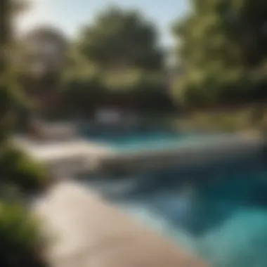 Modern Above-Ground Pool Design A modern above-ground pool with stylish landscaping and outdoor seating
