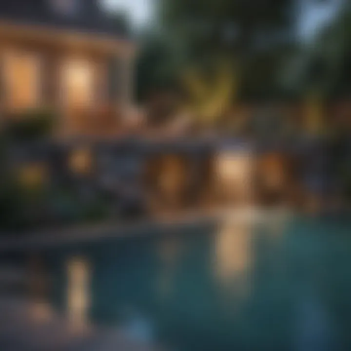 A serene backyard pool with built-in waterfalls and ambient lighting at dusk