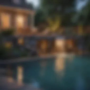Serene Pool with Waterfalls and Lighting A serene backyard pool with built-in waterfalls and ambient lighting at dusk