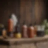 A selection of natural hair styling products displayed on a rustic wooden surface.