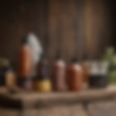 A selection of natural hair styling products displayed on a rustic wooden surface.