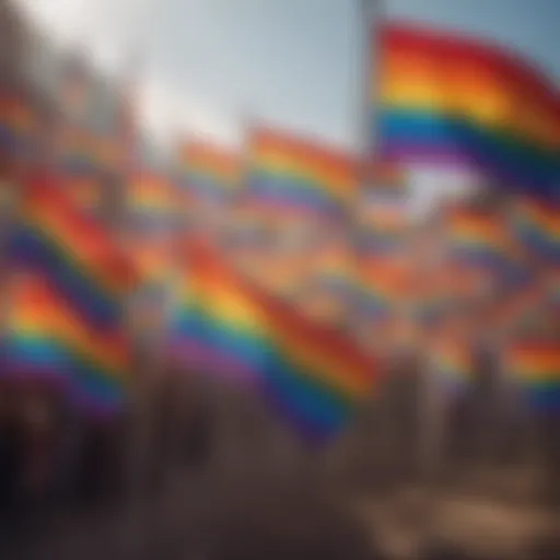 A vibrant display of various pride flags fluttering in the wind