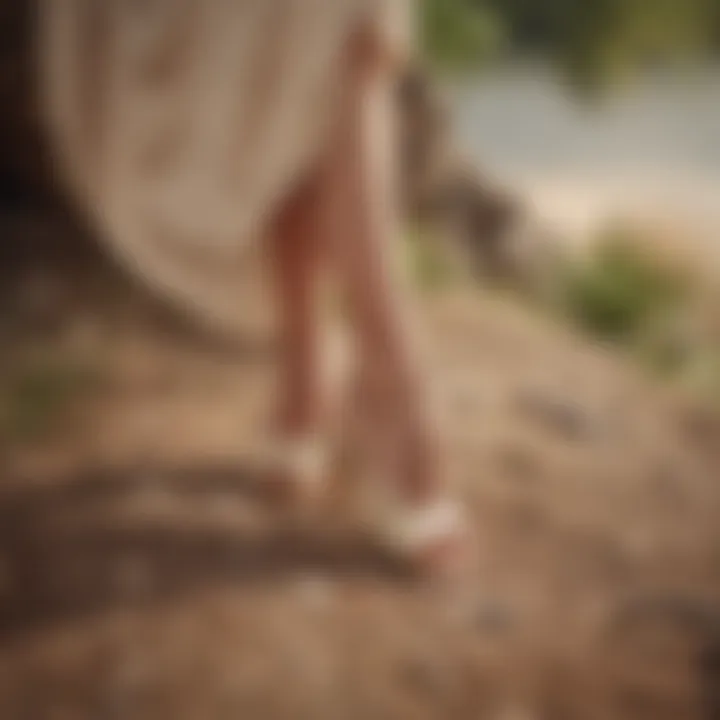 A serene outdoor setting showcasing a model wearing beige slingback sandals.