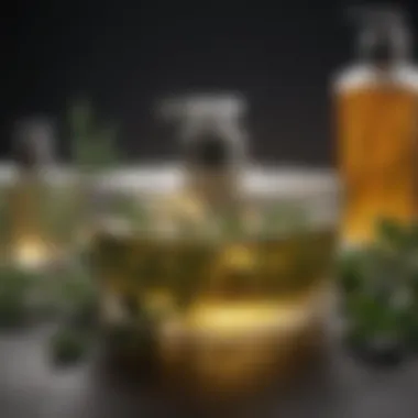 Close-up view of natural ingredients used in shampoos, highlighting herbs and oils