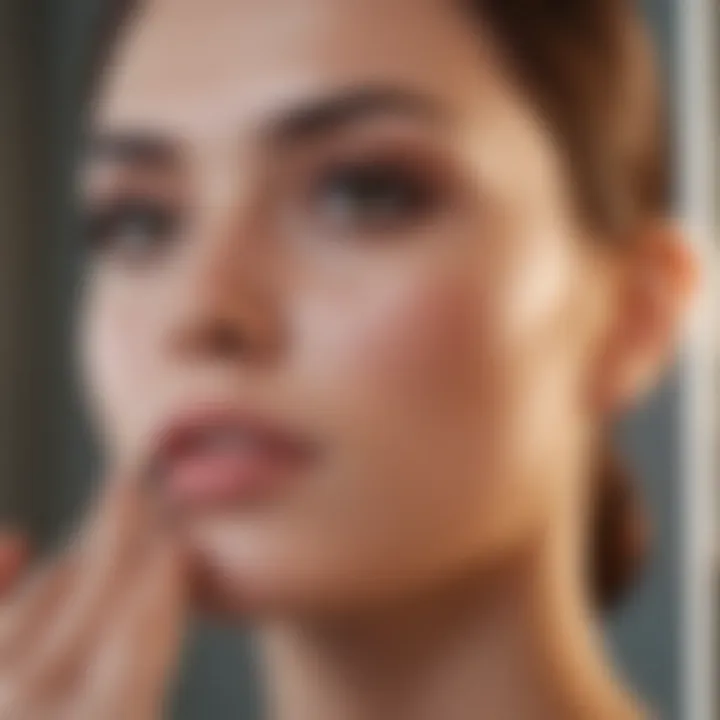 A woman applying brow growth serum with precision in front of a mirror