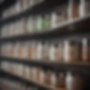 A well-organized shelf displaying various recommended facial creams for treating acne scars.