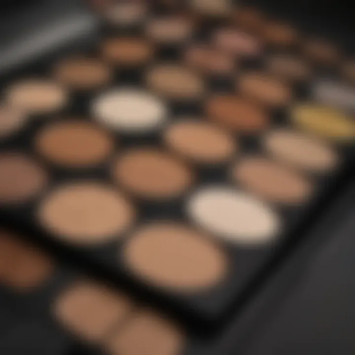 A close-up of a makeup palette showcasing a variety of foundation shades suitable for oily skin.