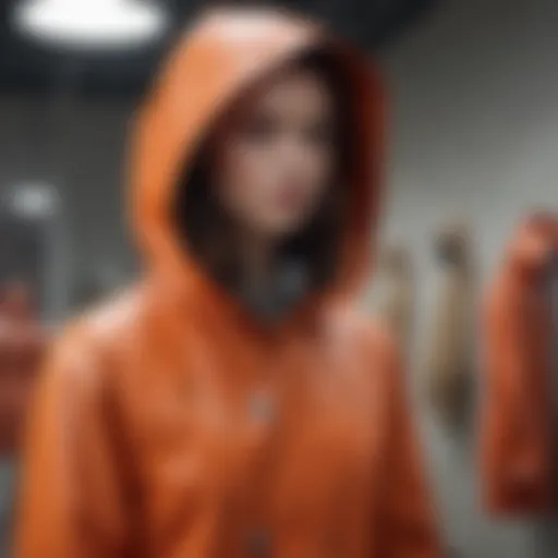 A vintage-style gallery raincoat with a hood displayed in a historical context