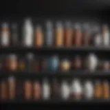 Various hair growth solutions displayed on a shelf