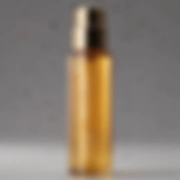 A close-up view of honey blond toner in a sleek bottle