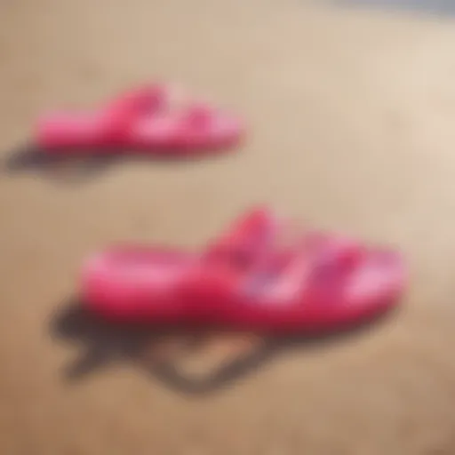 Vibrant hot pink jelly sandals on a sandy beach