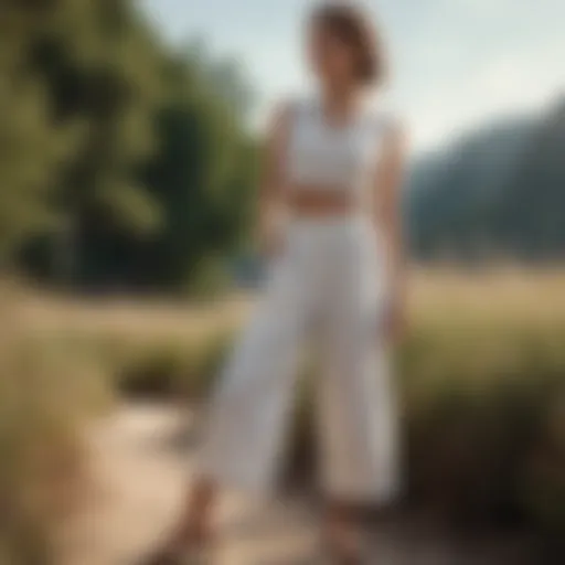 Elegant display of linen wide leg capri pants in a natural setting