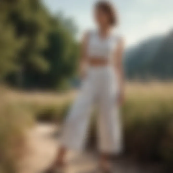 Elegant display of linen wide leg capri pants in a natural setting