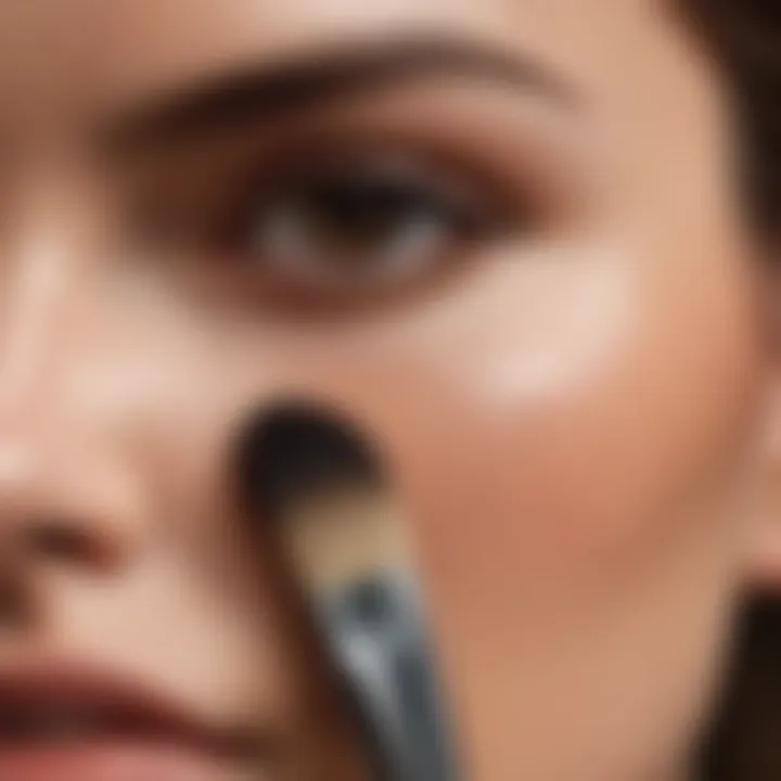 Close-up of a makeup brush applying foundation smoothly on a flawless skin surface