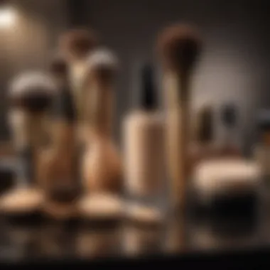 Elegant display of various foundation tools including sponges and brushes on a vanity