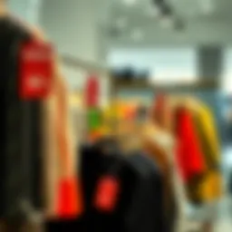 Luxury fashion items on display with discount tags