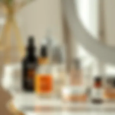 An elegant skincare routine display featuring serums and other products for an even complexion.