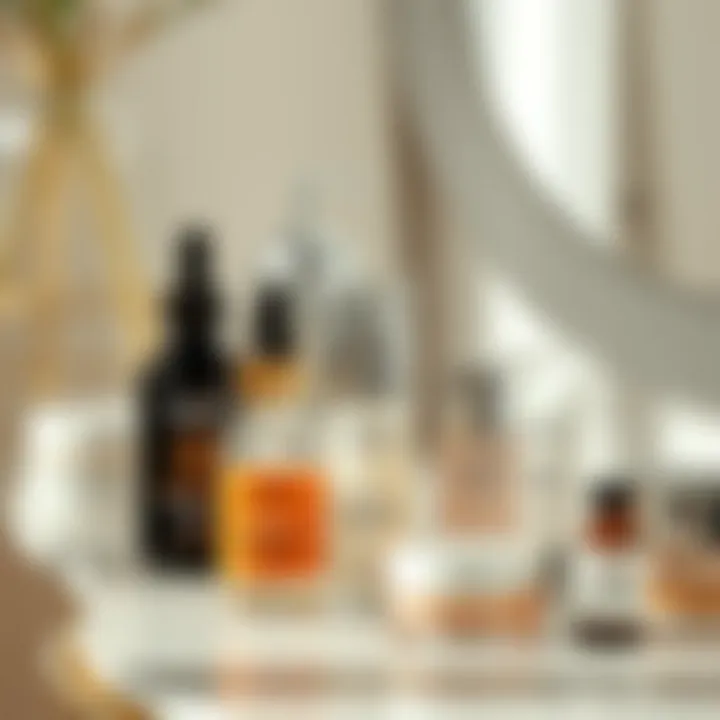 An elegant skincare routine display featuring serums and other products for an even complexion.