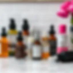 A selection of skincare serums on a marble countertop, showcasing various textures and packaging.