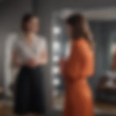 Outfit Choice Contemplation A woman contemplating her outfit choices in front of a mirror