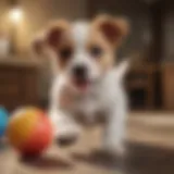 A joyful puppy playing with a colorful toy