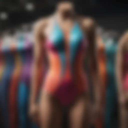 A stylish athletic swim suit displayed on a mannequin with vibrant colors.