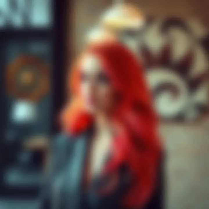 A model with vibrant hair color in a stylish setting.