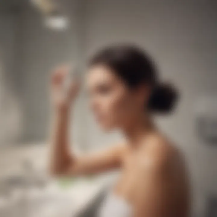 A woman applying shampoo in a serene bathroom setting