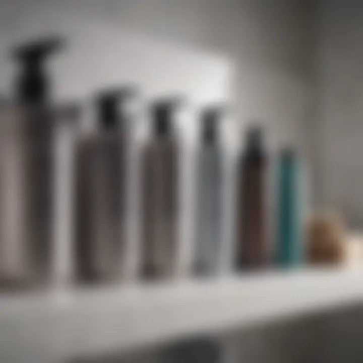 Hair care products lined up on a bathroom shelf