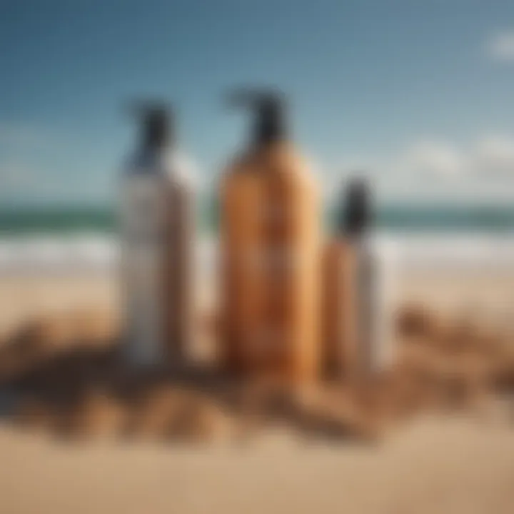 A variety of styling products arranged artfully on a sandy beach