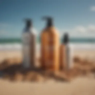 Diverse Styling Products for Beachy Waves A variety of styling products arranged artfully on a sandy beach