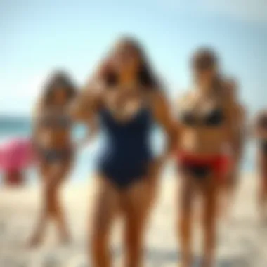 A beach scene featuring confident individuals in well-fitted swimsuits