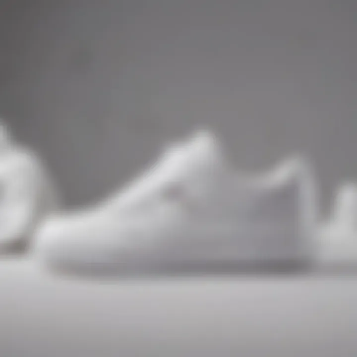 An artistic arrangement of various all-white sneaker designs