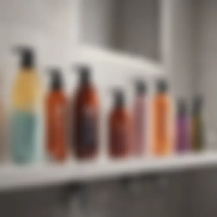 A variety of hair care products lined up on a bathroom shelf