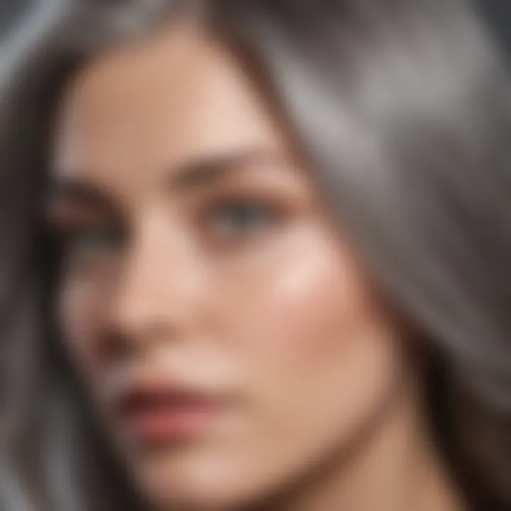 Close-up of shiny gray hair after using shampoo