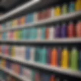A close-up view of various no rinse shampoo bottles on a store shelf