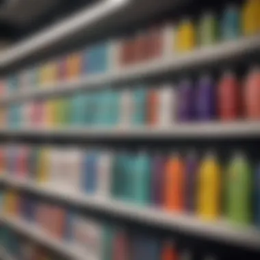 A close-up view of various no rinse shampoo bottles on a store shelf