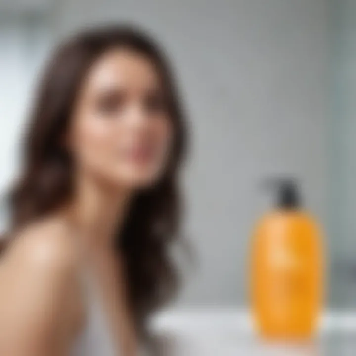 An elegant woman testing a no rinse shampoo in a bright bathroom setting