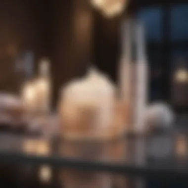 A serene nighttime skincare routine featuring award-winning products in a calming setting.