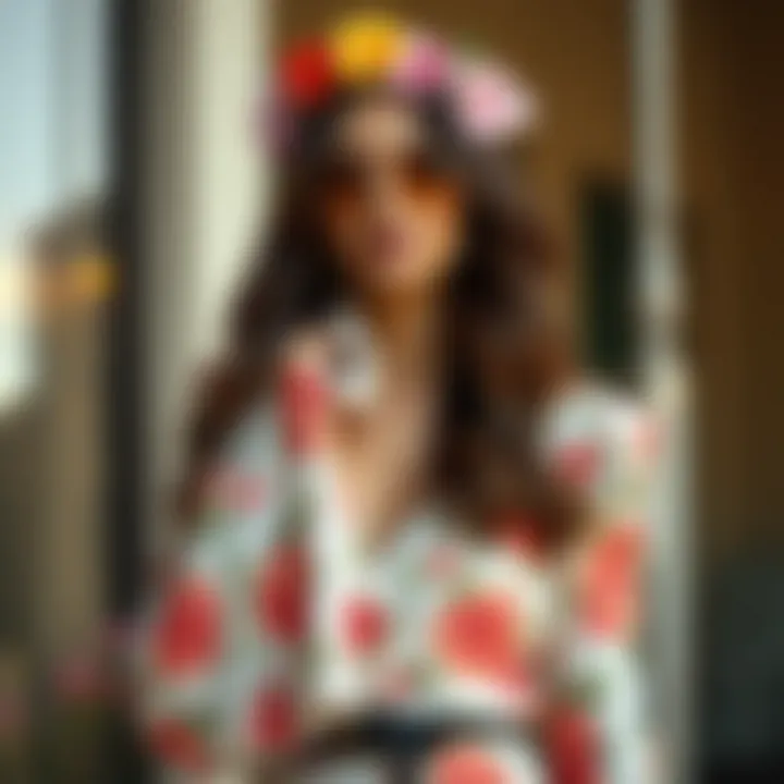 A stylish outfit featuring floral motifs, embodying contemporary fashion trends