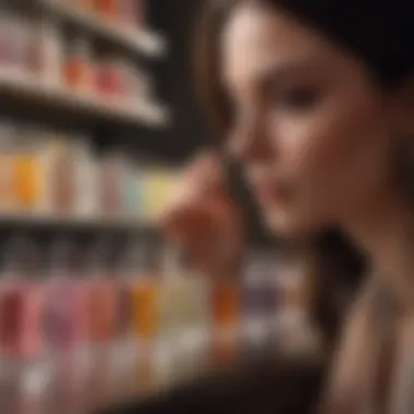 Thoughtful Selection of Perfume A woman thoughtfully selecting a perfume