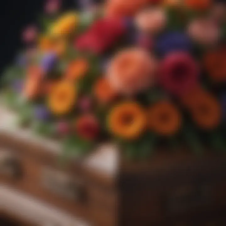 A close-up of a coffin adorned with vibrant flowers, symbolizing life and memory.