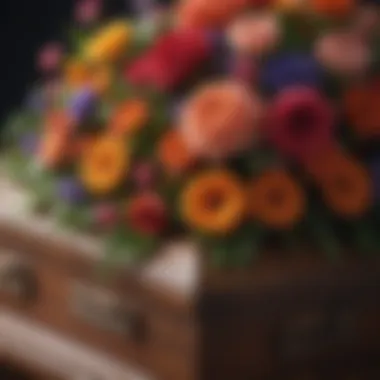 Vibrant Floral Adornment on a Coffin A close-up of a coffin adorned with vibrant flowers, symbolizing life and memory.
