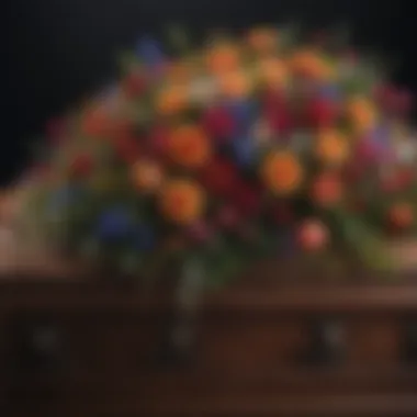 An arrangement of diverse flowers representing different cultural meanings placed on a coffin.